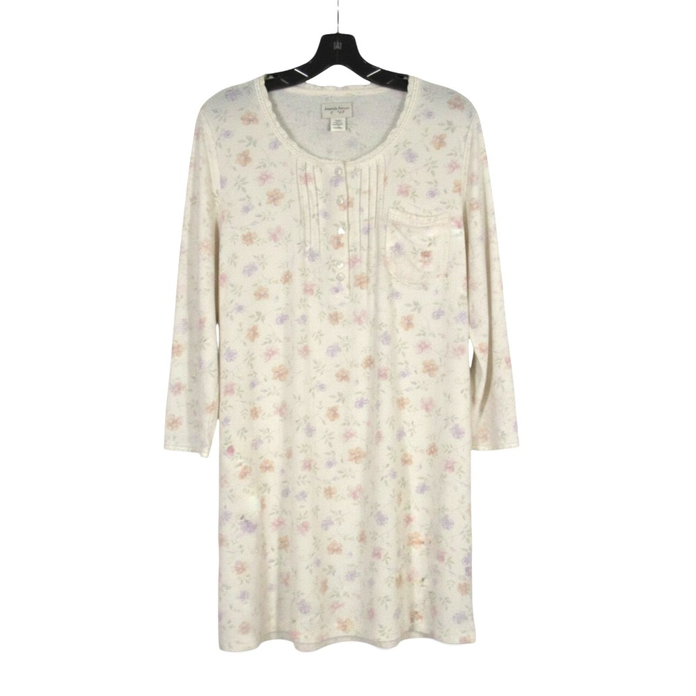 AMANDA STEWART White THERMAL KNIT Ruffle Trim FLORAL 1/4 Button NIGHTGOWN Sz M/L